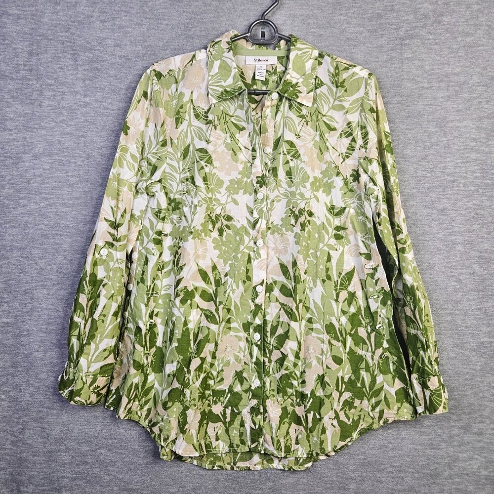 Style & Co Women's Green Floral Printed Side Buttons Up Long Sleeve Shirt Sz 8